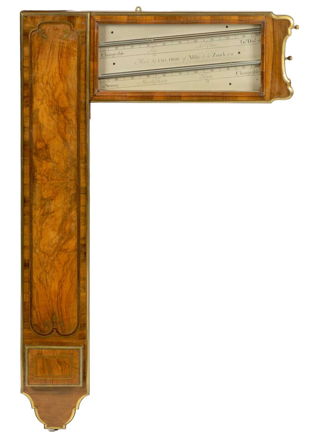 Lot 847 - CHARLES ORME, ASHBY-DE-LA-ZOUCH - DATED 1741. A FINE GEORGE II WALNUT AND BRASS BANDED ANGLE BAROMETER