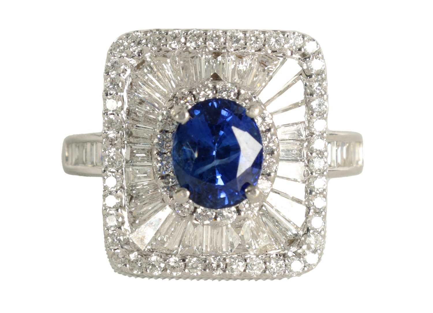 Lot 251 - A LADIES 18CT WHITE GOLD, SAPPHIRE AND DIAMOND RING