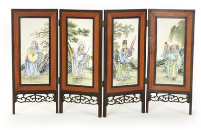 Lot 158 - A CHINESE REPUBLIC FOUR-PANEL PORCELAIN INSET FOLDING TABLE SCREEN