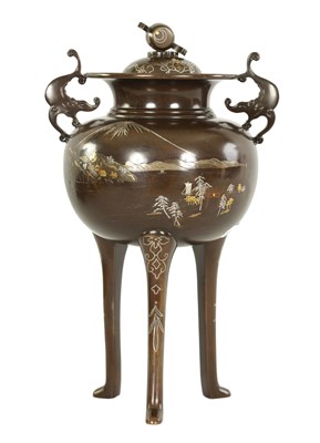 Lot 210 - A JAPANESE MEIJI PERIOD MIXED METAL INLAID BRONZE KORO