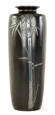 Lot 218 - A TALL JAPANESE MEIJI PERIOD SILVER INLAID BRONZE VASE