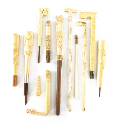 Lot 107 - A COLLECTION OF TEN 19TH CENTURY CARVED IVORY PARASOL HANDLES