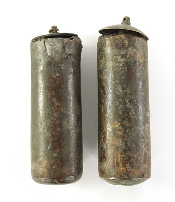 Lot 1308 - A PAIR OF 18TH CENTURY BRASS CASED LONGCASE CLOCK WEIGHTS