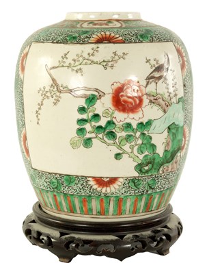Lot 91 - A 19TH CENTURY CHINESE FAMILLE VERTE GINGER JAR ON STAND