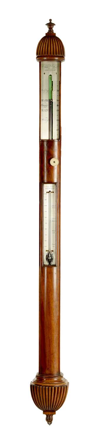 Lot 788 - ADIE & SON, EDINBURGH. A FINE LATE REGENCY FIGURED MAHOGANY BOW-FRONT STICK BAROMETER/THERMOMETER