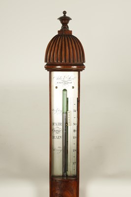 Lot 788 - ADIE & SON, EDINBURGH. A FINE LATE REGENCY FIGURED MAHOGANY BOW-FRONT STICK BAROMETER/THERMOMETER