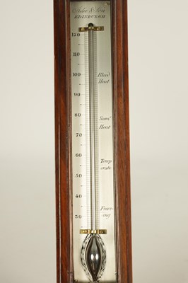 Lot 788 - ADIE & SON, EDINBURGH. A FINE LATE REGENCY FIGURED MAHOGANY BOW-FRONT STICK BAROMETER/THERMOMETER