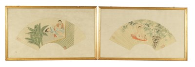 Lot 119 - A PAIR OF 19TH CENTURY CHINESE EROTIC FAN-SHAPED WATERCOLOURS
