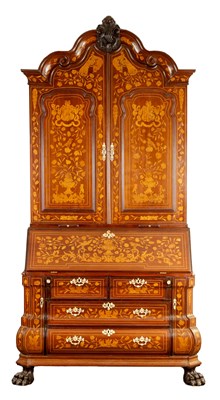 Lot 974 - A LARGE 18TH CENTURY DUTCH MARQUETRY AND ORMOLU MOUNTED MAHOGANY BOMBE SHAPED BUREAU BOOKCASE