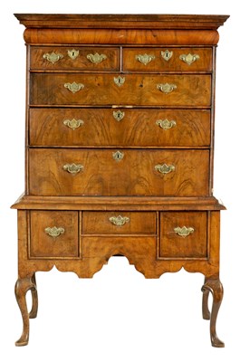 Lot 947 - AN EARLY 18TH CENTURY HERRINGBONE-BANDED FIGURED WALNUT CHEST ON STAND