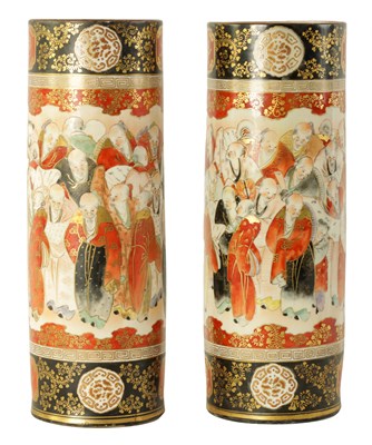 Lot 114 - A LARGE PAIR OF MEIJI PERIOD JAPANESE CYLINDRICAL KUTANIWARE VASES