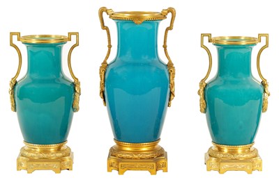 Lot 77 - A GOOD GARNITURE OF THREE 19TH CENTURY TURQUOISE GLAZED CHINESE VASES WITH ORMOLU MOUNTS