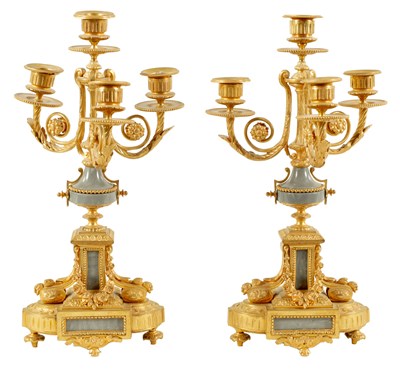 Lot 491 - A PAIR OF 19TH CENTURY ORMOLU AND GREY MARBLE THREE BRANCH CANDELABRA