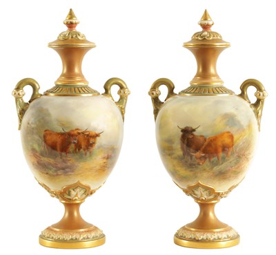 Lot 43 - HARRY STINTON. A FINE PAIR OF ROYAL WORCESTER OVOID PEDESTAL CABINET VASES AND COVERS