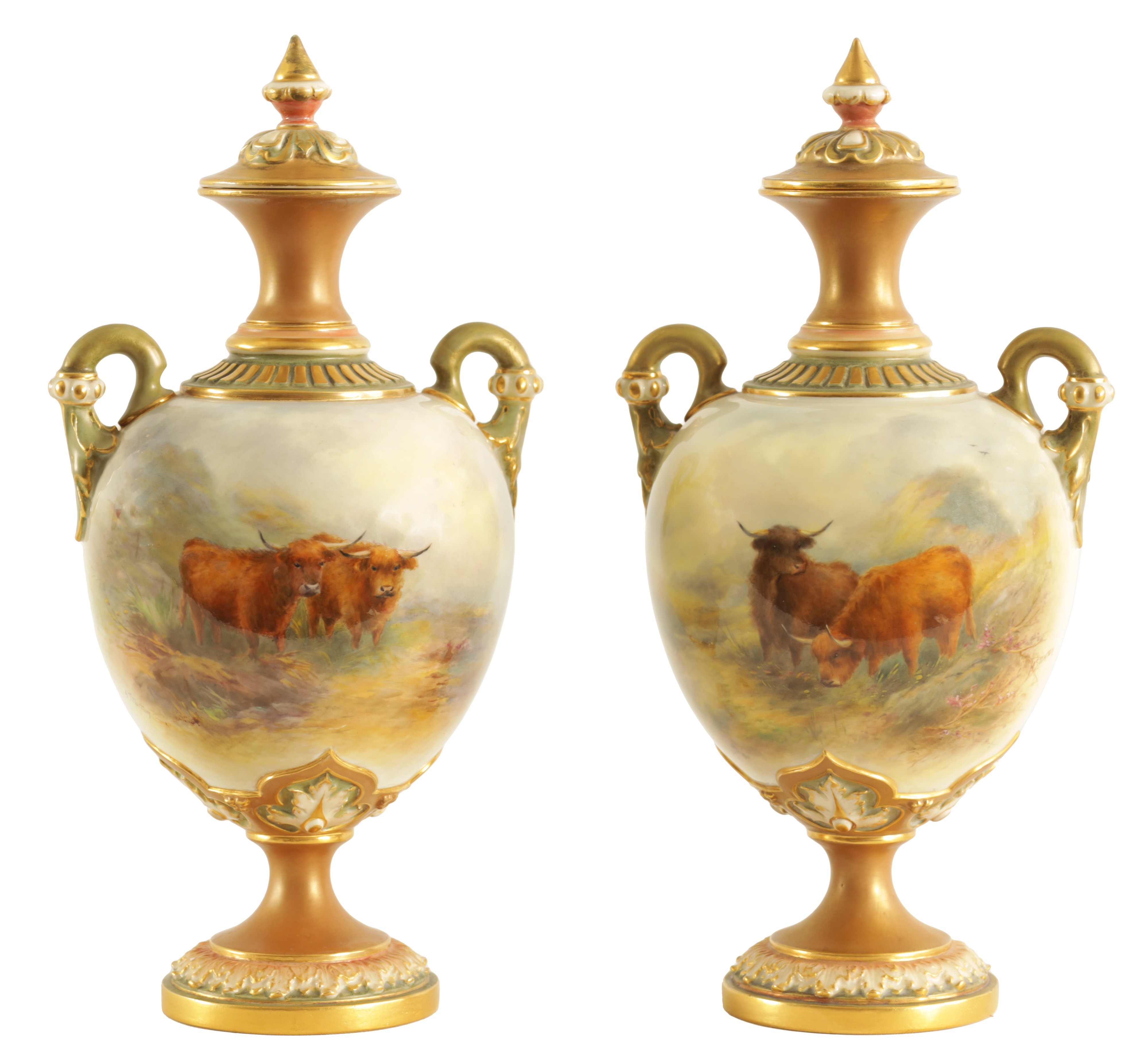 Pair of Royal Worcester cattle-painted cabinet vases by Harry Stinton sold by Hutchinson Scott