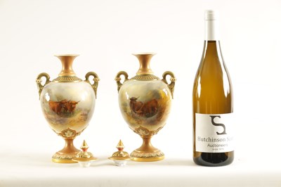 Lot 43 - HARRY STINTON. A FINE PAIR OF ROYAL WORCESTER OVOID PEDESTAL CABINET VASES AND COVERS