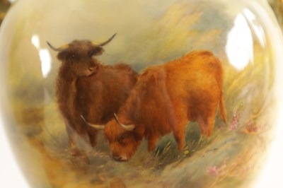 Lot 43 - HARRY STINTON. A FINE PAIR OF ROYAL WORCESTER OVOID PEDESTAL CABINET VASES AND COVERS