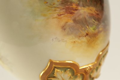Lot 43 - HARRY STINTON. A FINE PAIR OF ROYAL WORCESTER OVOID PEDESTAL CABINET VASES AND COVERS