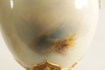 Lot 43 - HARRY STINTON. A FINE PAIR OF ROYAL WORCESTER OVOID PEDESTAL CABINET VASES AND COVERS