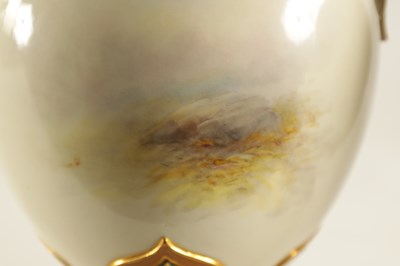 Lot 43 - HARRY STINTON. A FINE PAIR OF ROYAL WORCESTER OVOID PEDESTAL CABINET VASES AND COVERS