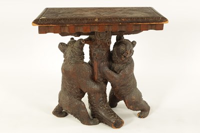Lot 598 - A FINE 19TH CENTURY BLACK FOREST CARVED LINDEN WOOD DOUBLE BEAR OCCASIONAL TABLE / STOOL