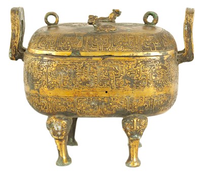 Lot 203 - AN EARLY CHINESE GILT BRONZE FOOD VESSEL