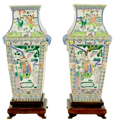 Lot 192 - A PAIR OF CHINESE REPUBLIC FAMILLE VERTE SQUARE SECTION VASES