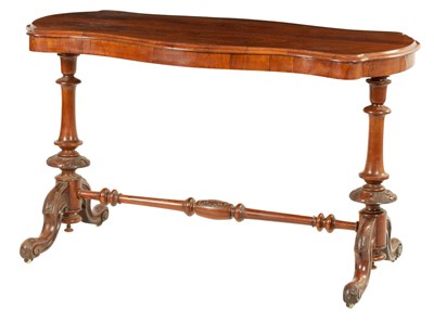 Lot 1402 - A 19TH CENTURY FIGURED ROSEWOOD CENTRE TABLE OF BOW SIDED SERPENTINE FORM