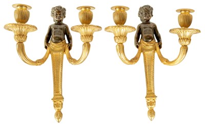 Lot 530 - A PAIR OF 19TH CENTURY FRENCH BRONZE AND ORMOLU TWO BRANCH FIGURAL CANDELABRA