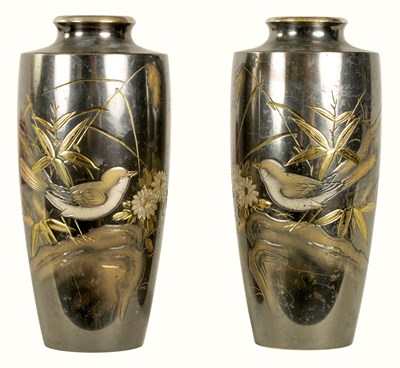 Lot 93 - A PAIR OF JAPANESE MEIJI PERIOD SILVERED BRONZE VASES