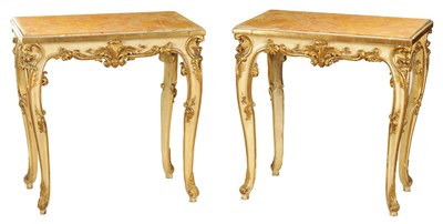 Lot 937 - A PAIR OF 18TH CENTURY CONTINENTAL PAINTED AND GILT HIGHLIGHTED PIER TABLES