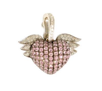 Lot 224 - AN 18CT WHITE GOLD DIAMOND AND TOURMALINE WINGED HEART PENDANT ON 14CT WHITE GOLD CHAIN