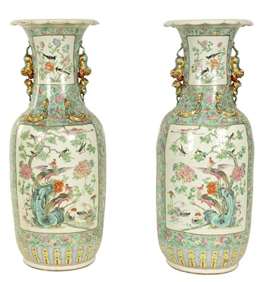 Lot 165 - A LARGE AND IMPRESSIVE PAIR OF 19TH CENTURY CANTONESE FAMILLE ROSE HALL VASES
