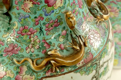 Lot 165 - A LARGE AND IMPRESSIVE PAIR OF 19TH CENTURY CANTONESE FAMILLE ROSE HALL VASES