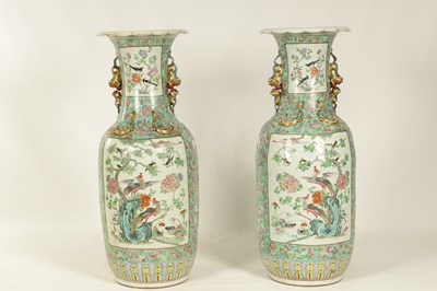 Lot 165 - A LARGE AND IMPRESSIVE PAIR OF 19TH CENTURY CANTONESE FAMILLE ROSE HALL VASES