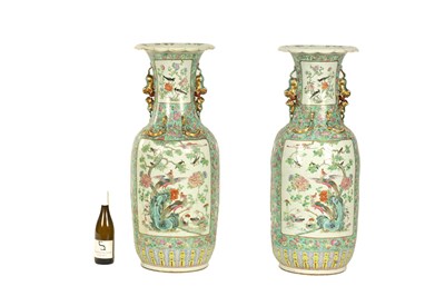 Lot 165 - A LARGE AND IMPRESSIVE PAIR OF 19TH CENTURY CANTONESE FAMILLE ROSE HALL VASES