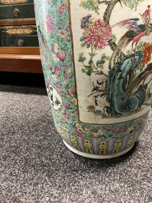 Lot 165 - A LARGE AND IMPRESSIVE PAIR OF 19TH CENTURY CANTONESE FAMILLE ROSE HALL VASES