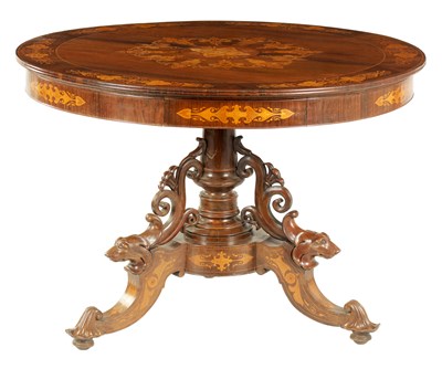 Lot 932 - A 19TH CENTURY MARQUETRY INLAID ROSEWOOD CENTRE TABLE