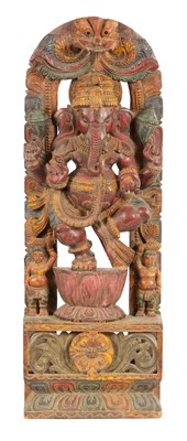 Lot 126 - A LARGE CARVED AND PAINTED WOOD GANESHA
