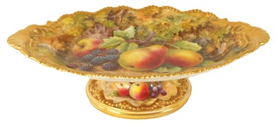 Lot 42 - A FINE FRUIT ROYAL WORCESTER SHAPED OVAL TWO HANDLED COMPOTE DISH PAINTED BY THOMAN LOCKYER
