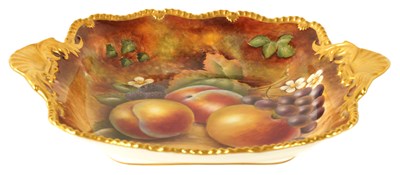 Lot 41 - A FRUIT ROYAL WORCESTER TWO HANDLED SHAPED SQAURE SHALLOW DISH PAINTED BY R COX