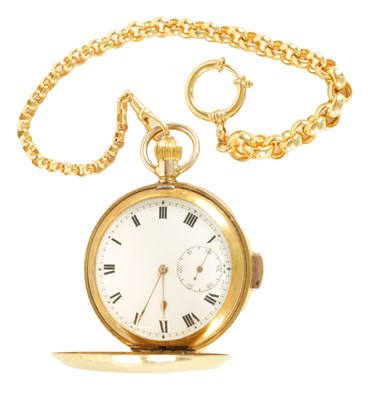 Lot 275 - AN EARLY 20TH CENTURY GOLD FILLED FULL HUNTER QUARTER REPEATING POCKET WATCH WITH MATCHING GUARD CHAIN