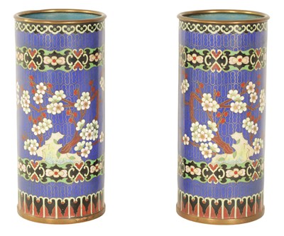 Lot 127 - A PAIR OF 19TH CENTURY CHINESE CLOISONNÉ ENAMEL CYLINDRICAL VASES