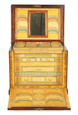 Lot 566 - A RARE EARLY 19TH CENTURY SATINWOOD AND MAHOGANY CROSS-BANDED TABLE CABINET WITH STRAW WORK INTERIOR