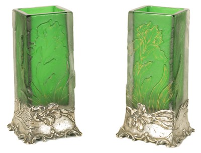 Lot 8 - A PAIR OF DAUM ART NOVEAU SQUARE GREEN GLASS VASES WITH SILVER METAL MOUNTS
