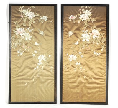 Lot 85 - A PAIR OF MEIJI JAPANESE SILK EMBROIDERED PANELS