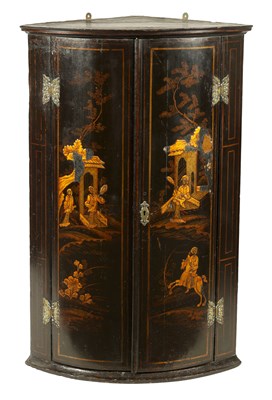 Lot 827 - A GEORGE III BLACK LACQUER AND CHINOISERIE HANGING BOWFRONT CORNER CUPBOARD