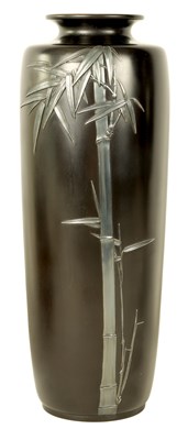Lot 211 - A TALL JAPANESE MEIJI PERIOD SILVER INLAID BRONZE VASE