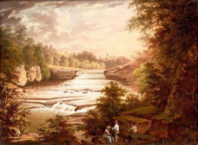 Lot 444 - R.W.BROWN OIL ON MAHOGANY PANEL Aysgarth Force,...