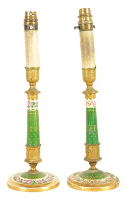 Lot 64 - A PAIR OF EARLY 19TH CENTURY FRENCH EMPIRE ORMOLU MOUNTED GREEN PORCELAIN CANDLESTICKS